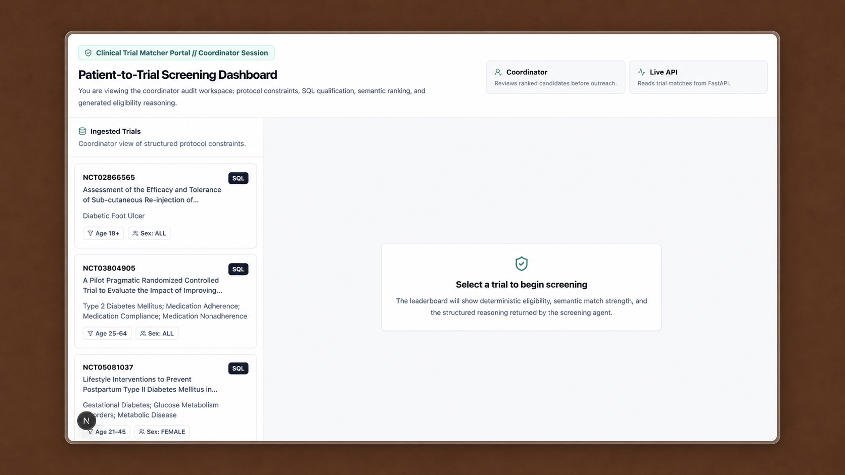 AI Clinical Trial Matching Agent dashboard