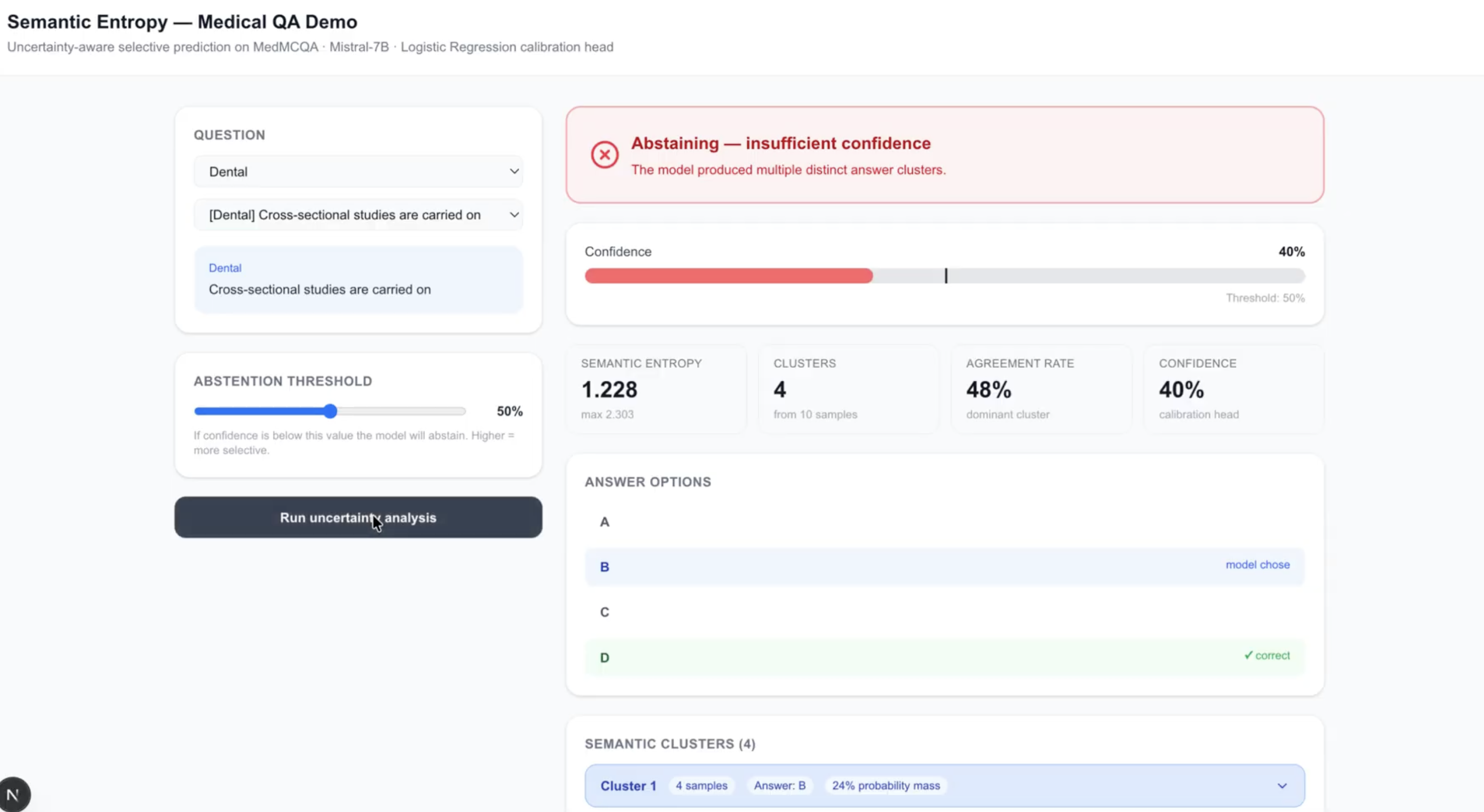 Semantic Entropy Medical QA demo showing clinical uncertainty abstention